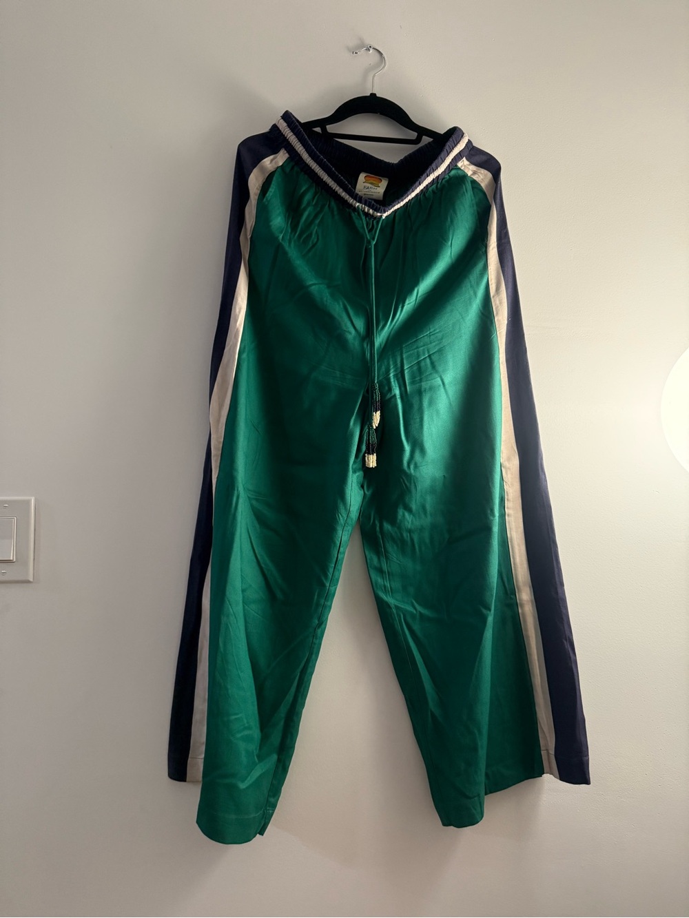 FARM Rio x Anthropologie Green Track Pants with Navy & Cream Trim